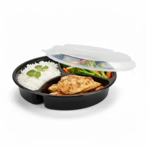Risseup 39 Oz 3-Compartment Black PP Plastic Round Containers with Clear Lid